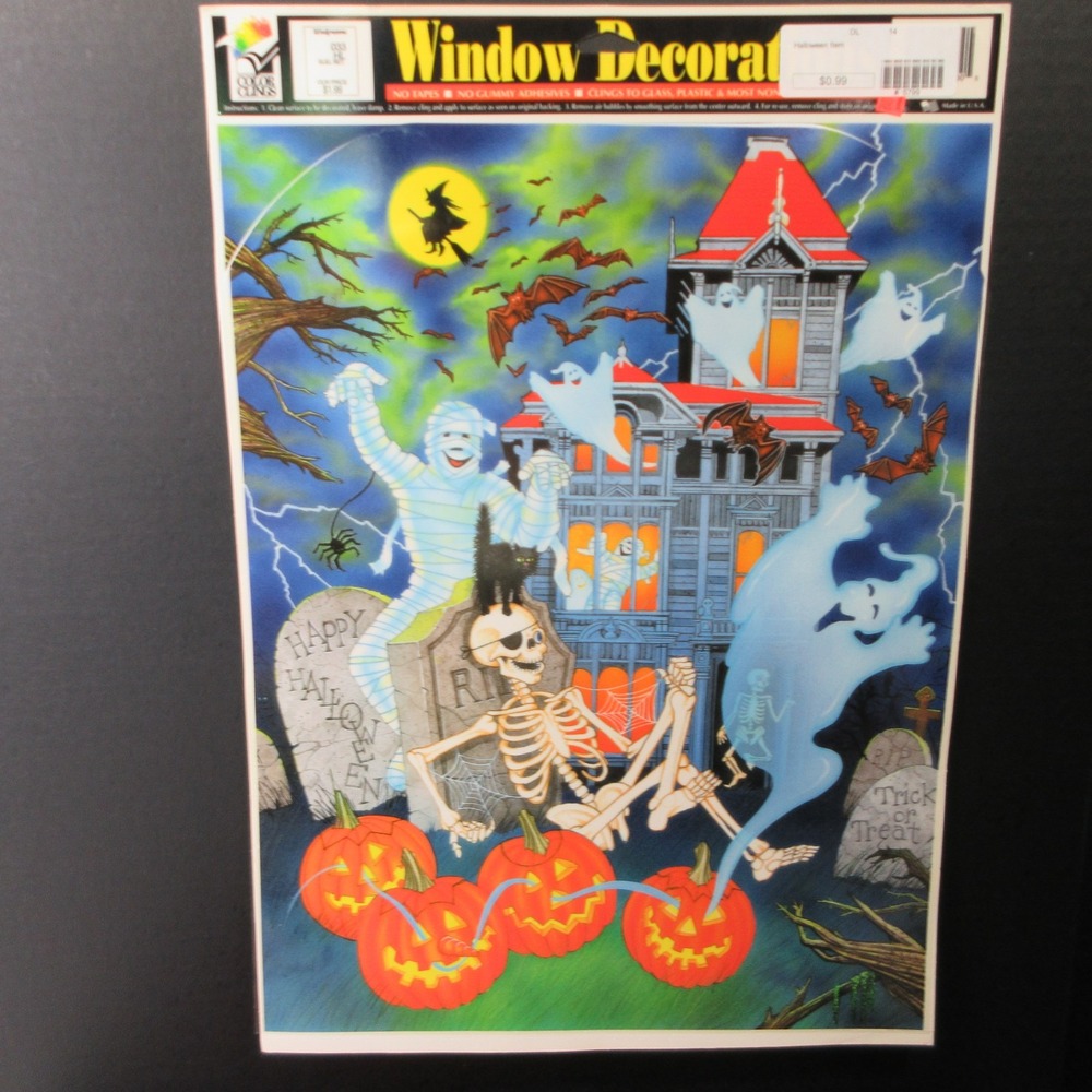 Vintage Halloween Window Clings Decor COLOR CLINGS Mummy Skeleton Haunted House